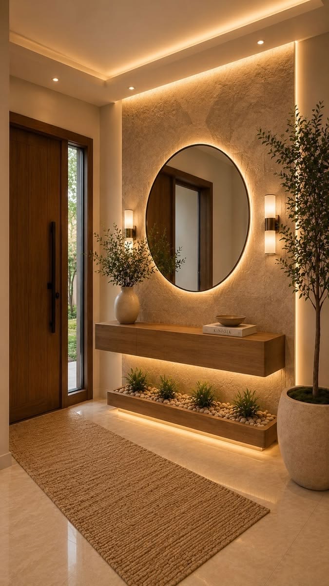 Console travertin & miroir rond